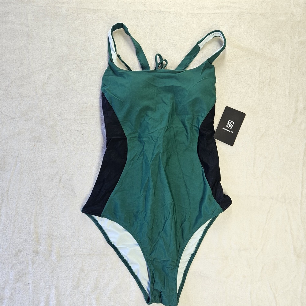 SUUKSESS One-Piece Swimsuit Women's Medium Green Black Lace-Up Back New w/ Tags